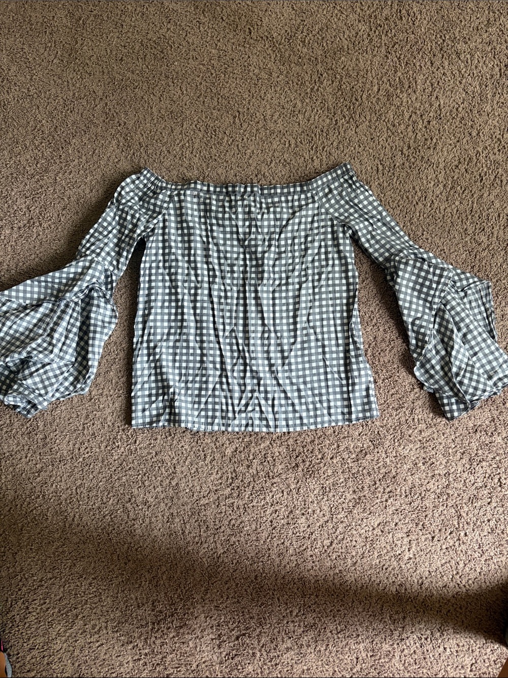 Off-the-Shoulder Gingham Bell Sleeve Top - Black and white